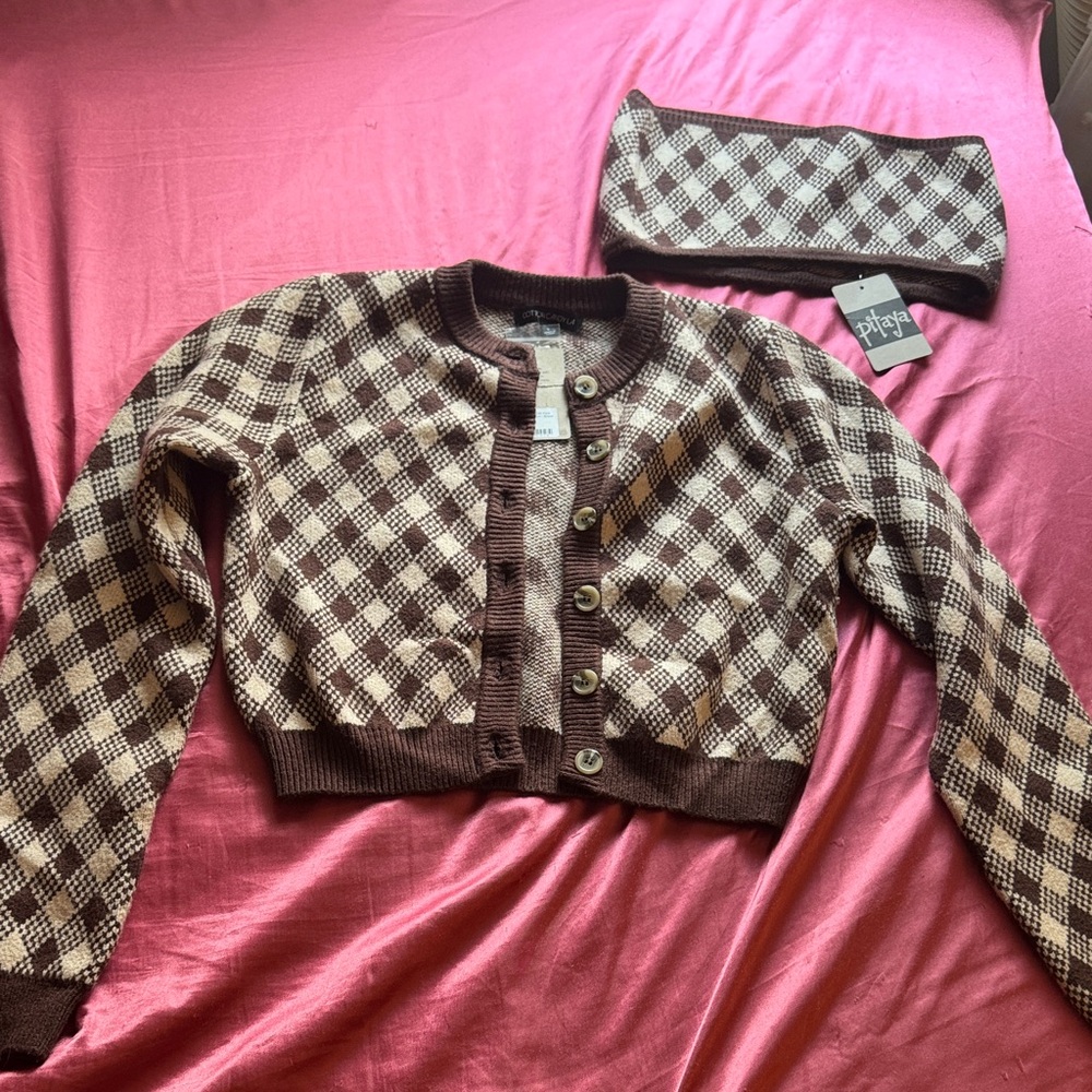Pitaya Brown checkered cropped cardigan sweater with brown tube top
